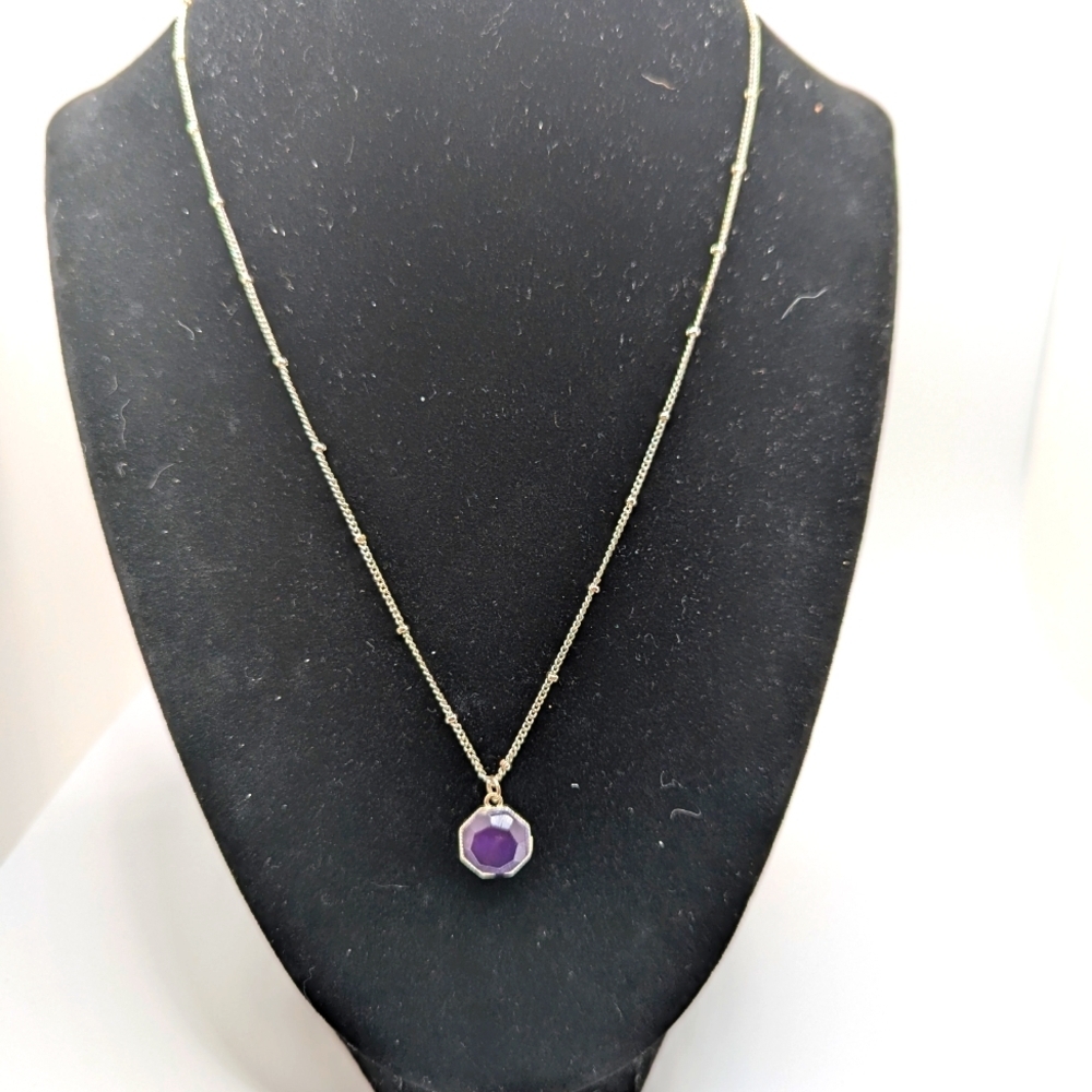 Purple Gem Stone Pendant Necklace Sterling Silver Beaded Chain Charm